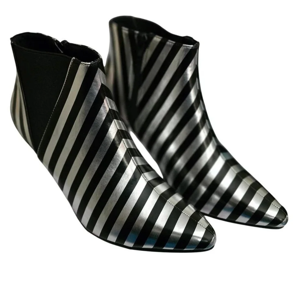 T4730 Silver Black Striped Pointed‎ Toe Kitten Heel Ankle Boots A4892 Size 8M